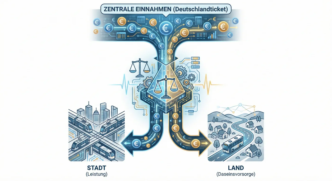 Visualisierung des IVLM-Modells zur Einnahmeaufteilung des Deutschlandtickets: Ein intelligenter Algorithmus verteilt Finanzströme fair zwischen städtischem Leistungsverkehr und ländlicher Daseinsvorsorge auf weißem Hintergrund.