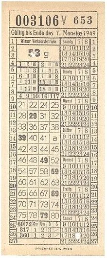 Fahrschein, gelocht für Fahrtantritt Samstag zwischen 18 und 19 Uhr, Juli 1949 auf der Linie 53 der Wiener Verkehrsbetriebe